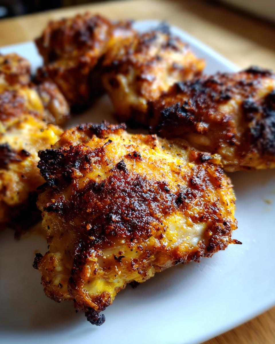 Close-up of cooked Garlic Parmesan Ranch Chicken Thighs on a white plate, showing crispy skin.