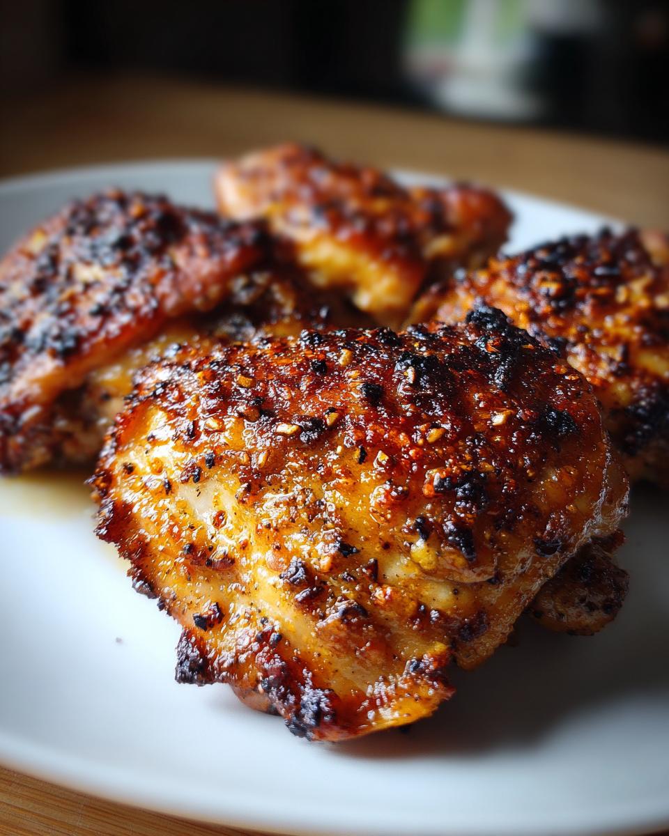Close-up of cooked Garlic Parmesan Ranch Chicken Thighs on a white plate, showing the crispy, seasoned skin.