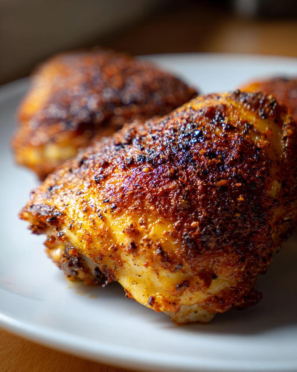 Close-up of golden-brown Garlic Parmesan Ranch Chicken Thighs on a white plate, showing crispy skin.