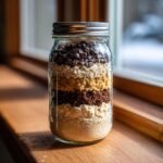 Close-up of a layered cookie mix in a jar, perfect for a Giftable Cookie Mix in a Jar.