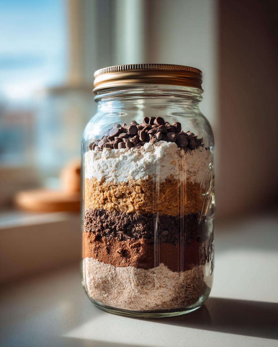Close-up of a jar filled with layered ingredients for a Giftable Cookie Mix, including chocolate chips and flour.