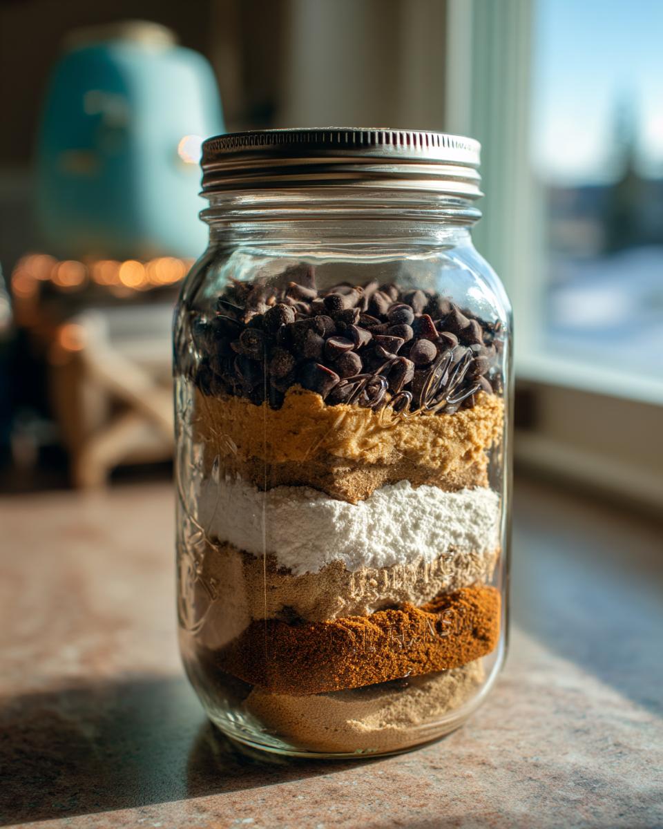 Close-up of a layered Giftable Cookie Mix in a Jar, ready to be gifted.