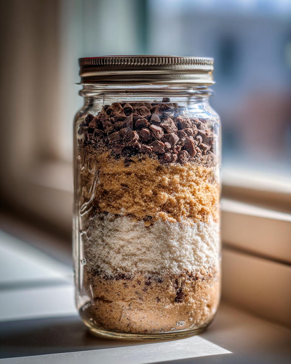 A layered Giftable Cookie Mix in a Jar with chocolate chips and other ingredients.