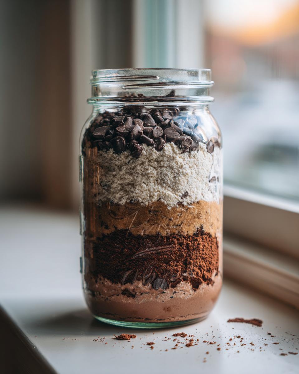 Close-up of a layered Giftable Cookie Mix in a Jar, ready to be gifted.