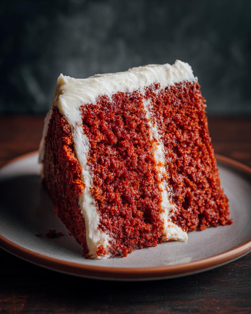 A moist slice of red velvet cake with thick cream cheese frosting, showcasing the rich texture.