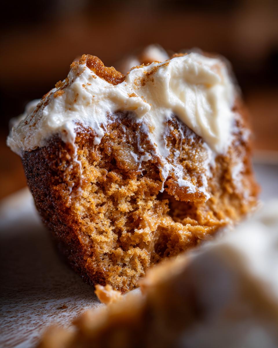 Close-up of a slice of moist Gingerbread Cake with Cream Cheese Frosting, showing the cake's texture and fluffy frosting.