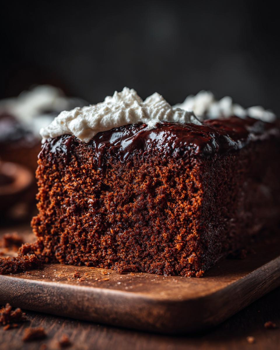 A close-up of a slice of moist Gingerbread Cake with Cream Cheese Frosting, topped with dark chocolate ganache.