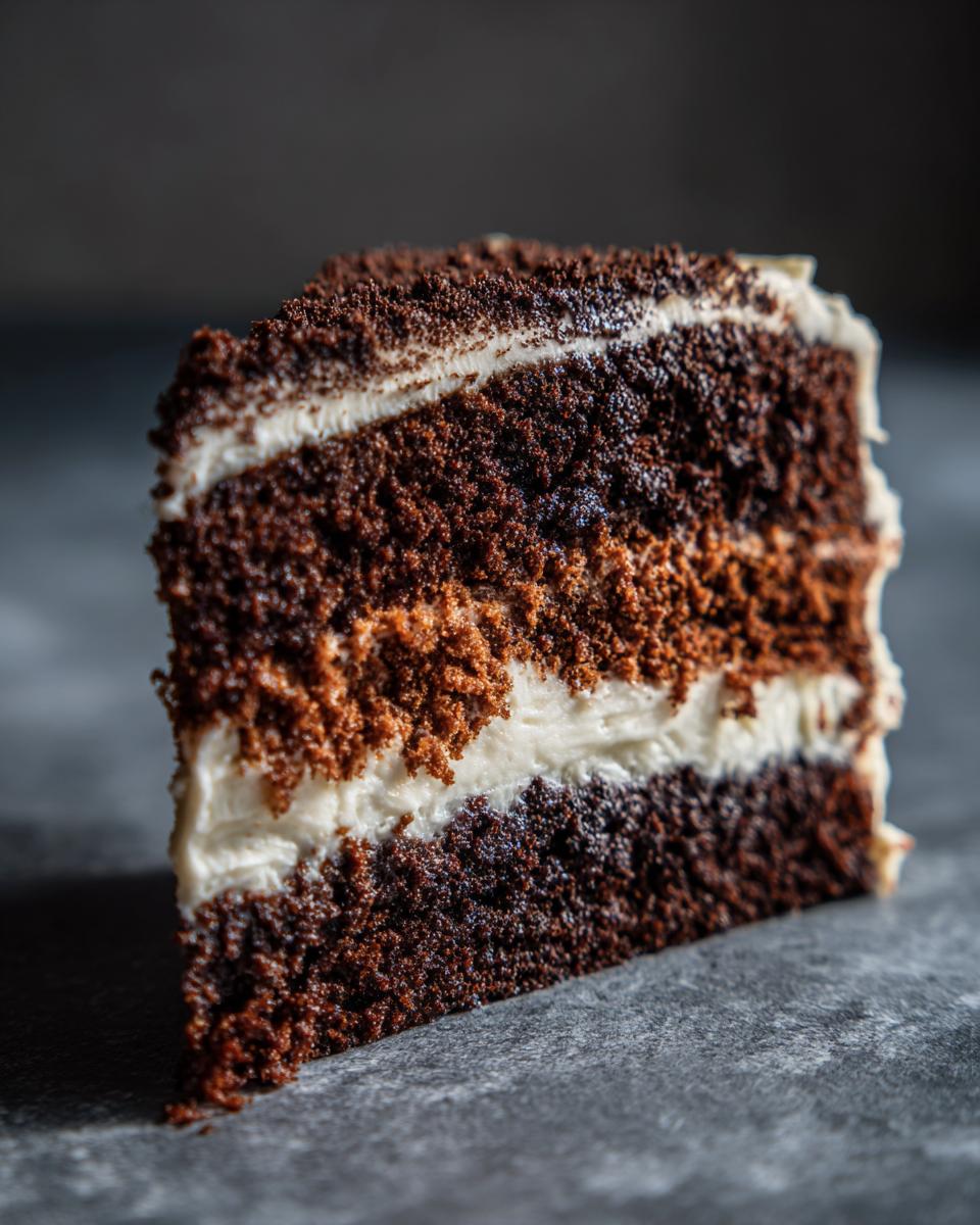 A moist slice of Gingerbread Cake with Cream Cheese Frosting, showing layers of dark cake and creamy frosting.