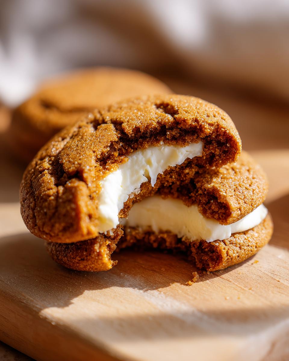 Close-up of a Gingerbread Cheesecake Stuffed Cookie cut in half, showing the creamy cheesecake filling.