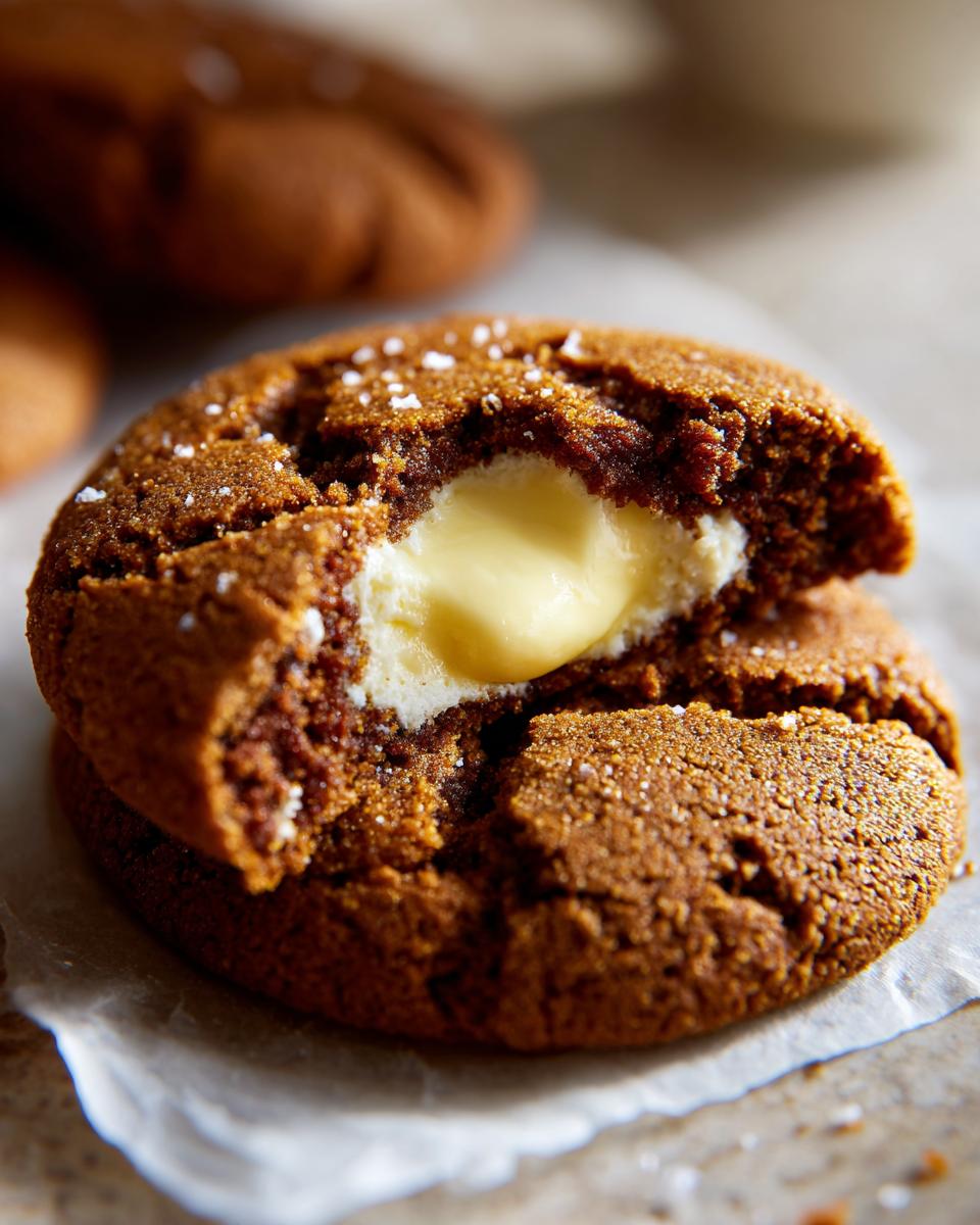 Close-up of a Gingerbread Cheesecake Stuffed Cookie, showing the creamy cheesecake filling.
