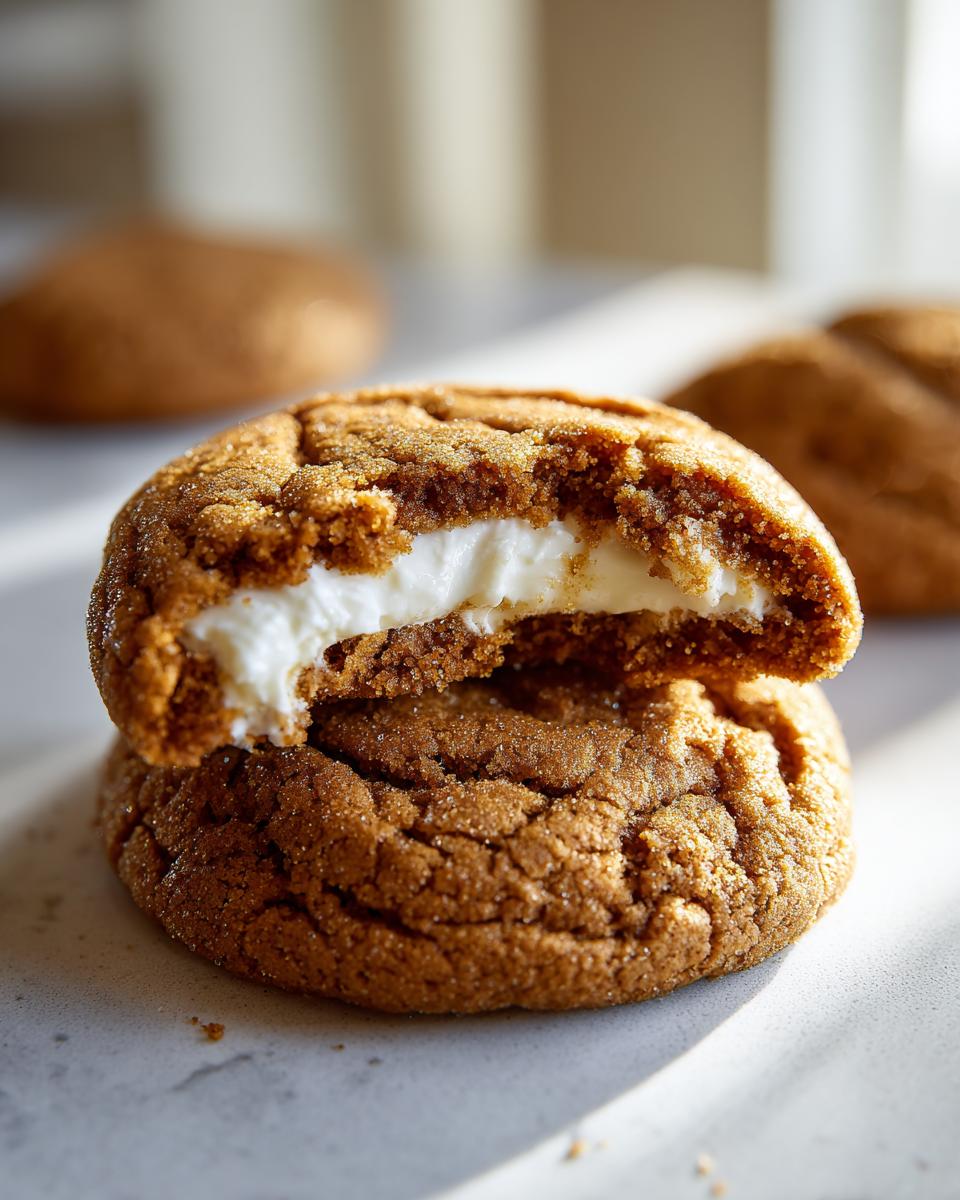 Close-up of a Gingerbread Cheesecake Stuffed Cookie, showing the creamy cheesecake filling.
