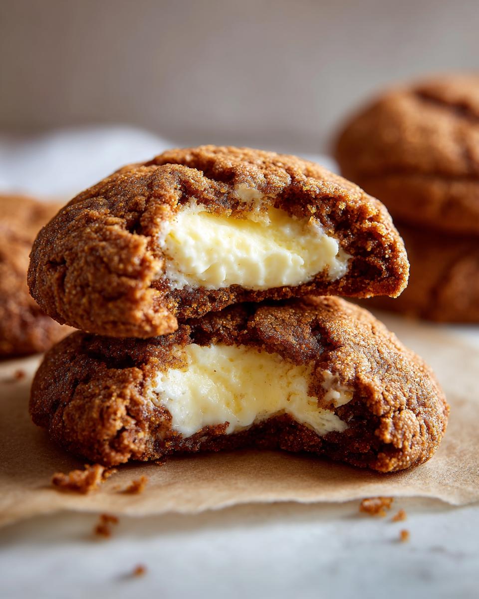 Close-up of Gingerbread Cheesecake Stuffed Cookies, showing the creamy cheesecake filling.