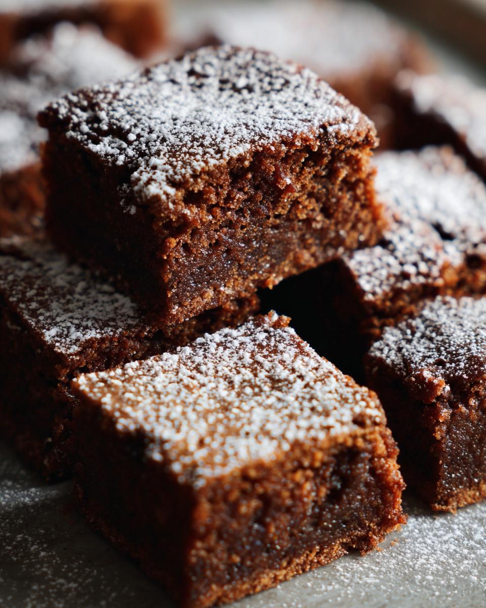 Close-up of rich, dark Gingerbread Cookie Bars dusted with powdered sugar, stacked on a surface.
