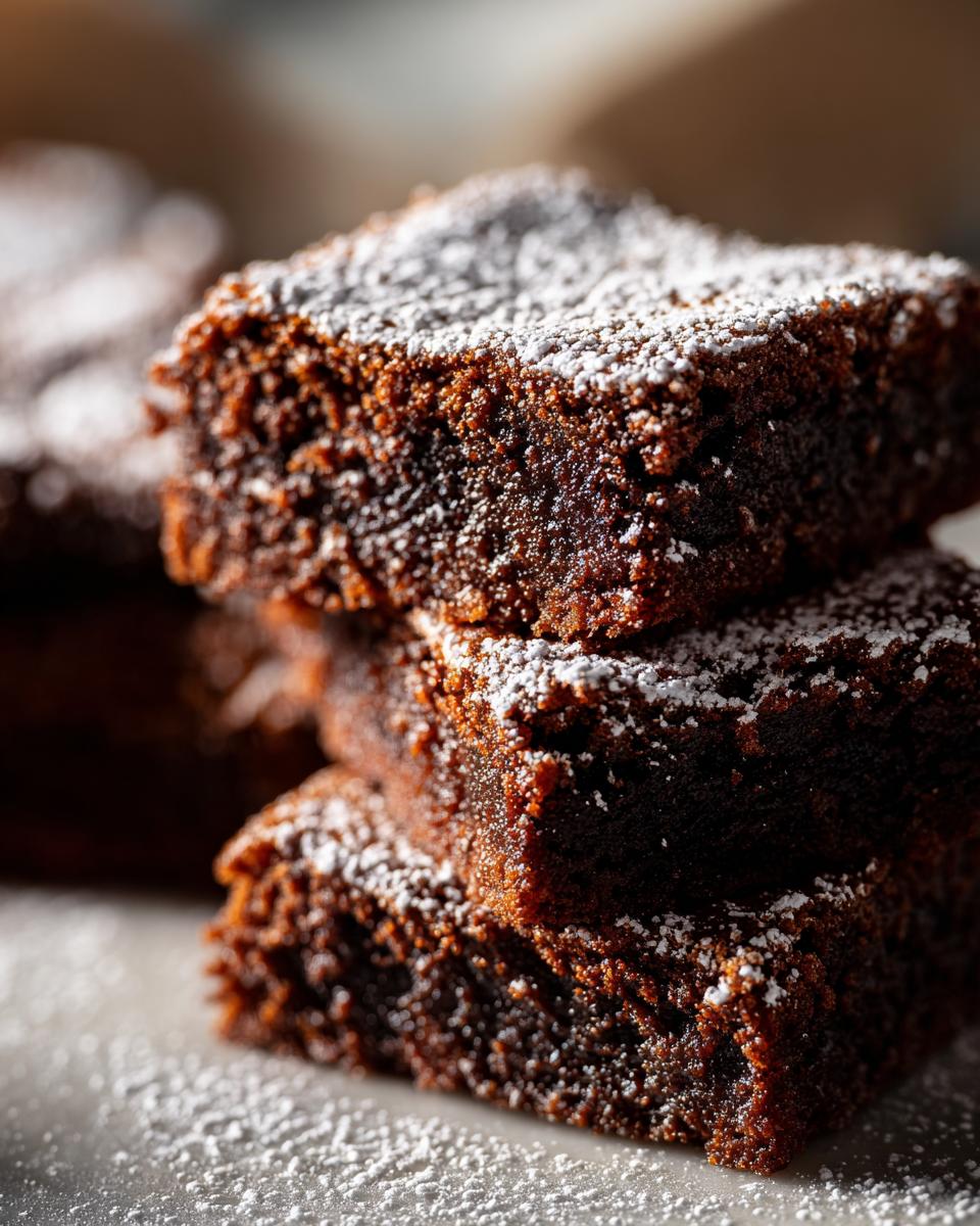 Close-up of a stack of rich, dark Gingerbread Cookie Bars dusted with powdered sugar.