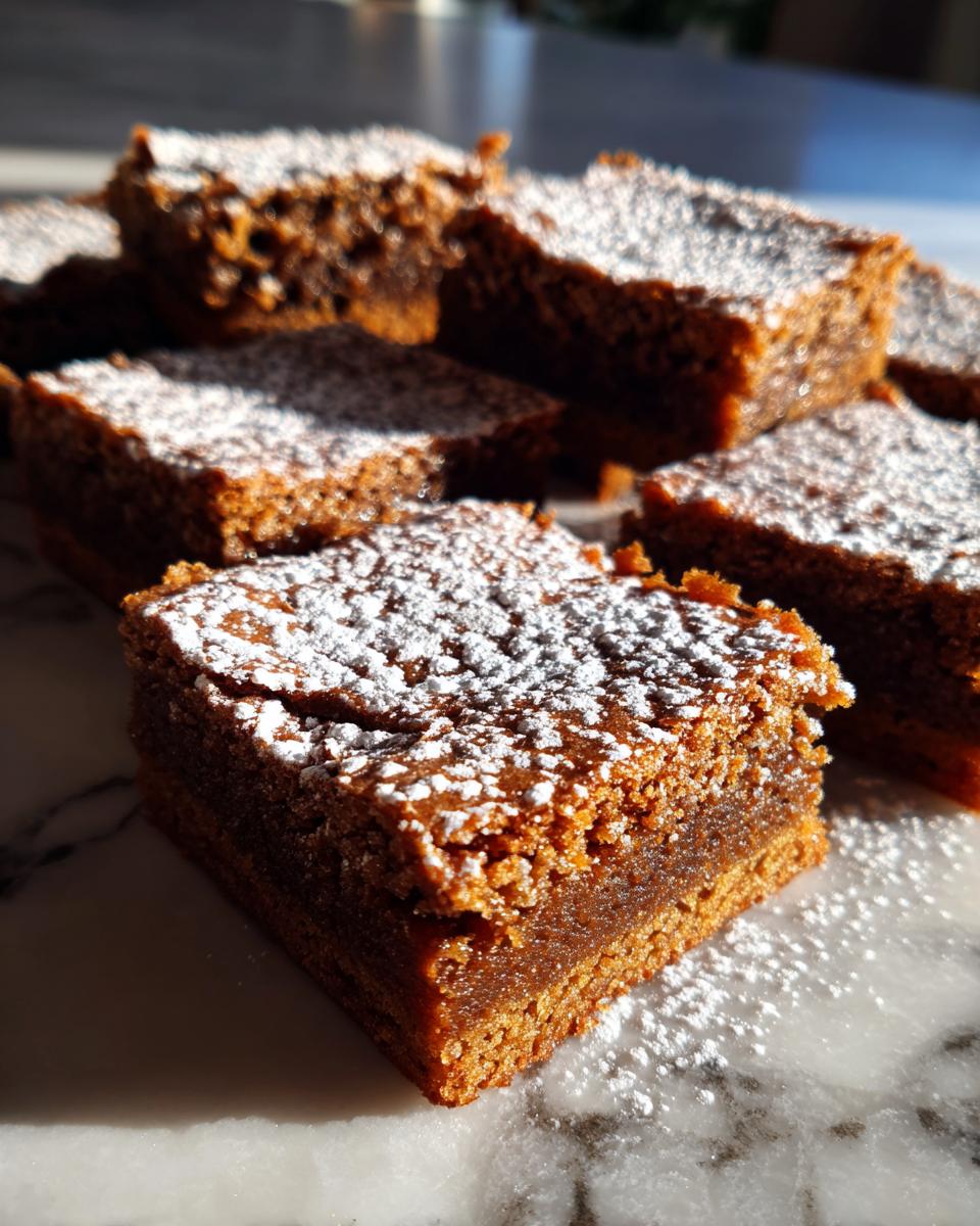 Close-up of moist Gingerbread Cookie Bars dusted with powdered sugar, showcasing their rich texture.