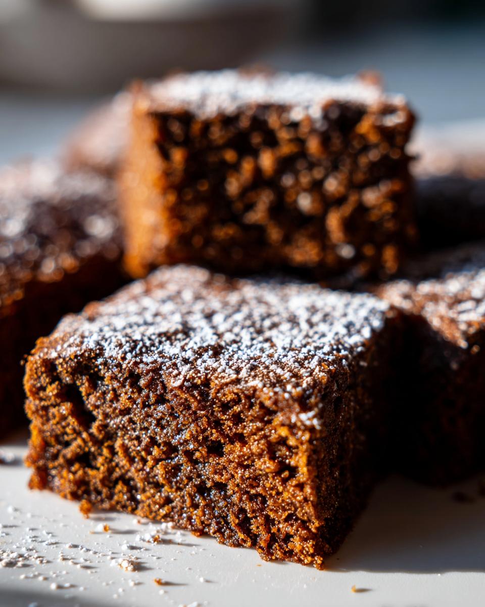 Close-up of rich, moist Gingerbread Cookie Bars dusted with powdered sugar.