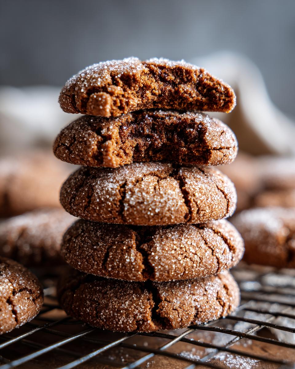 A close-up stack of soft Gingerbread Crinkle Cookies, coated in sugar, with one cookie broken open.