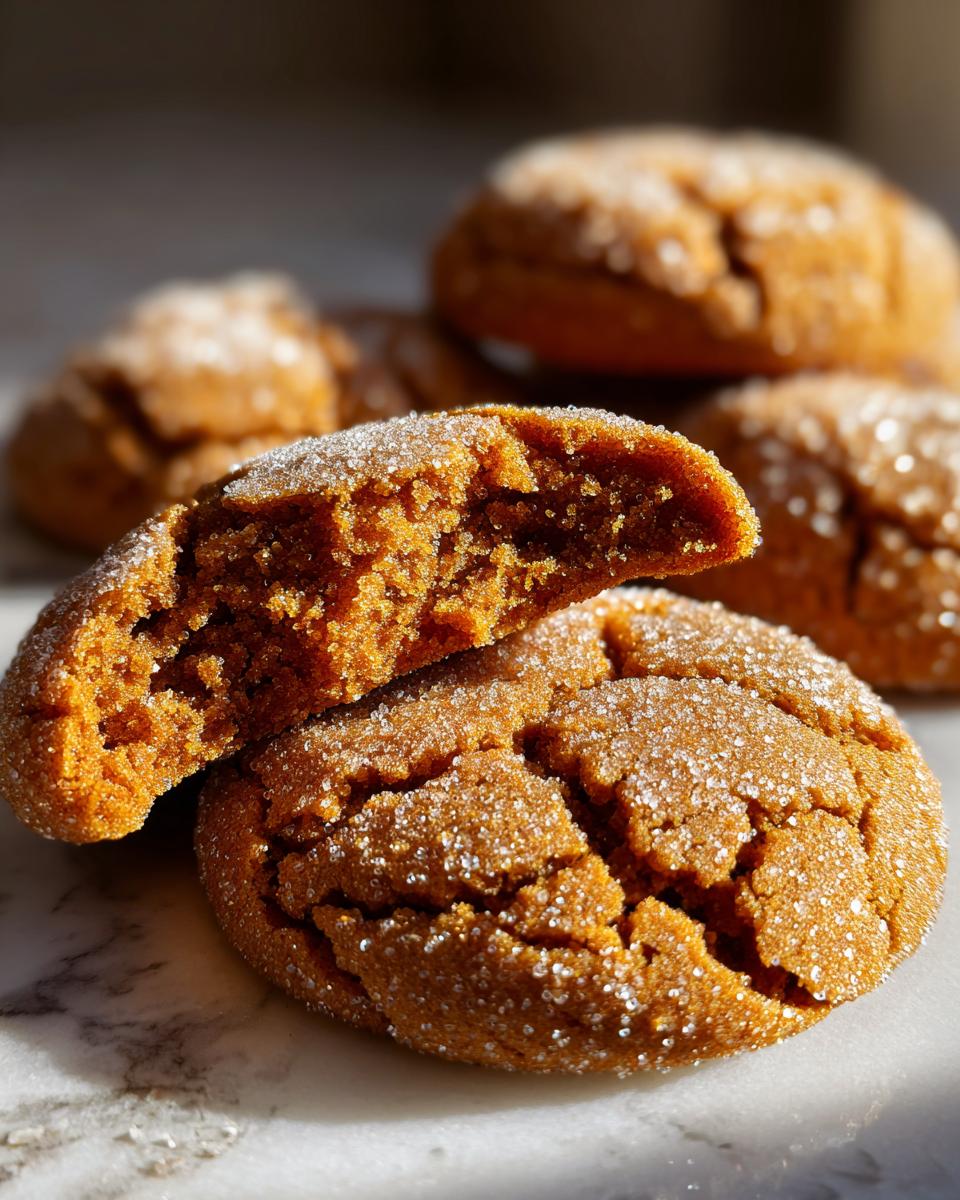 Close-up of a soft Gingerbread Crinkle Cookie, one broken in half to show its chewy texture, coated in sparkling sugar.
