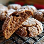 Close-up of a soft Gingerbread Crinkle Cookie broken in half, revealing a moist interior and sugar coating.