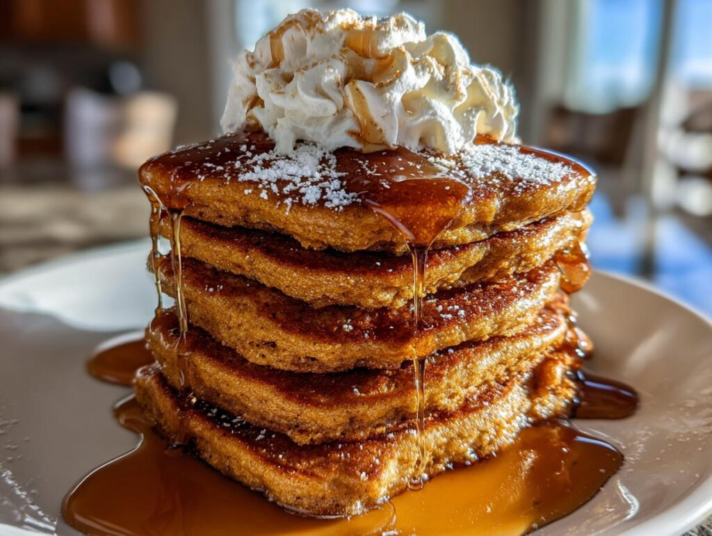 A stack of delicious Gingerbread Pancakes drizzled with syrup and topped with whipped cream. The perfect Gingerbread Pancake Stack!