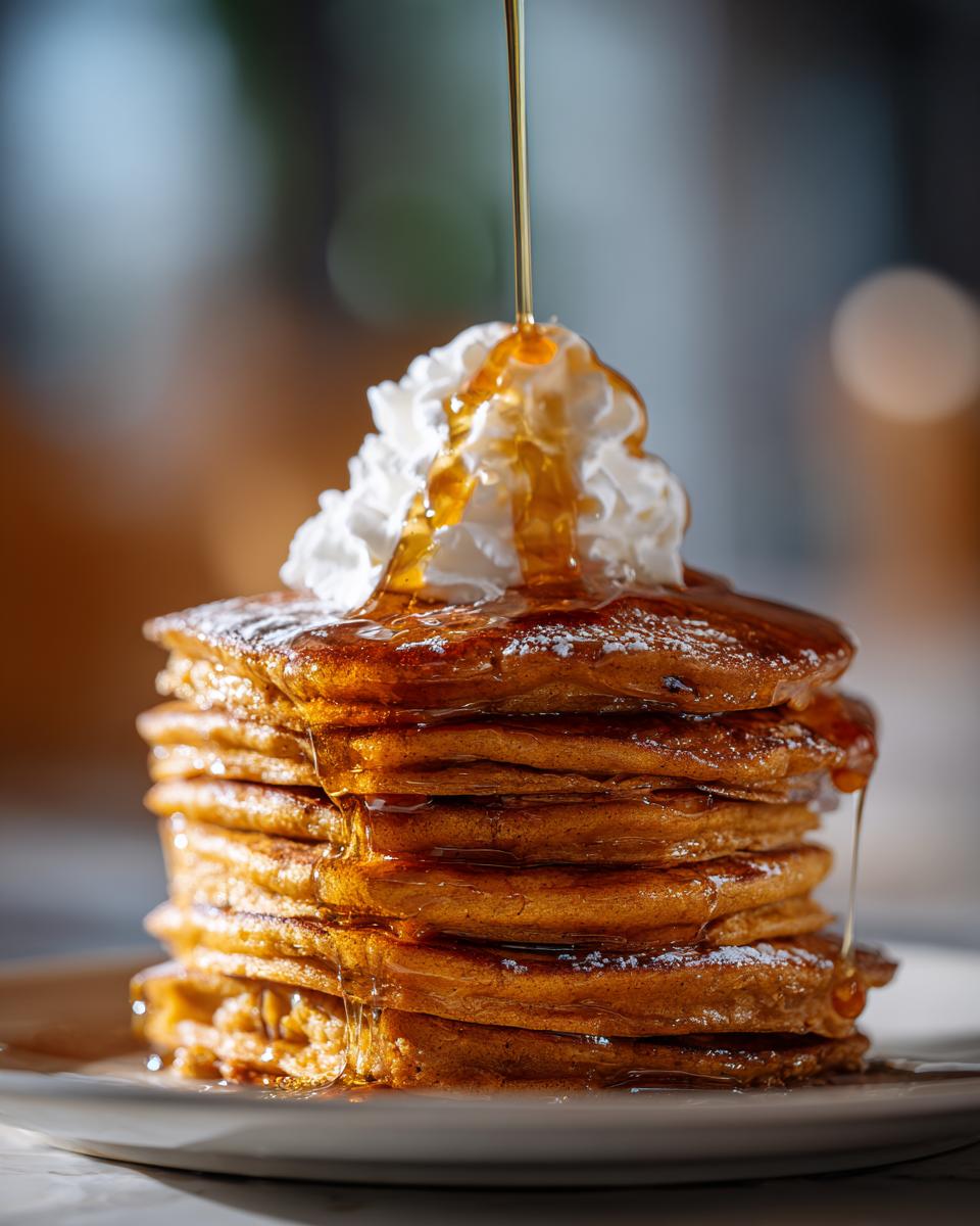 Stack of fluffy Gingerbread Pancakes drizzled with syrup and topped with whipped cream, a delicious breakfast.