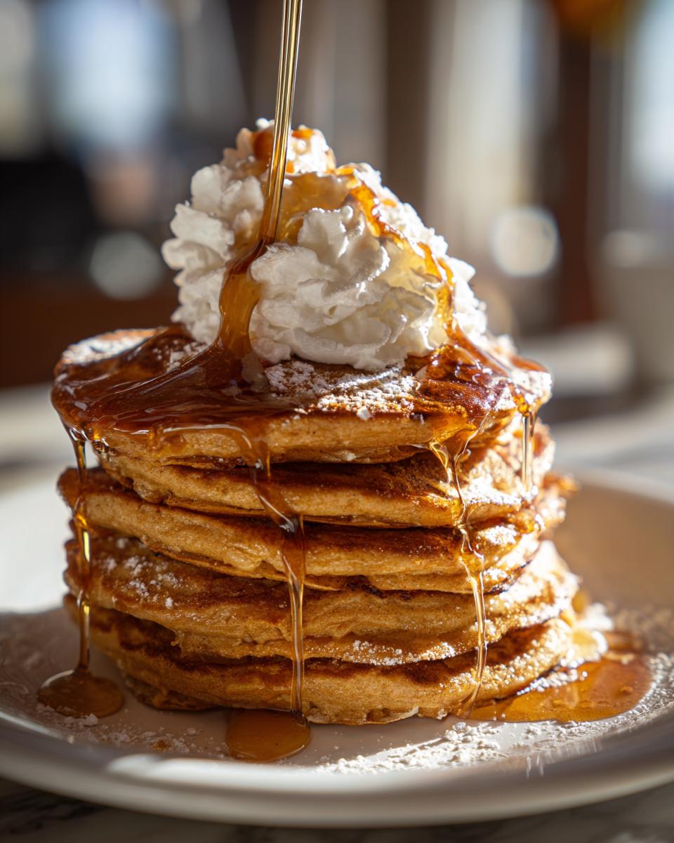 Stack of Gingerbread Pancakes with whipped cream and syrup, a delicious breakfast.