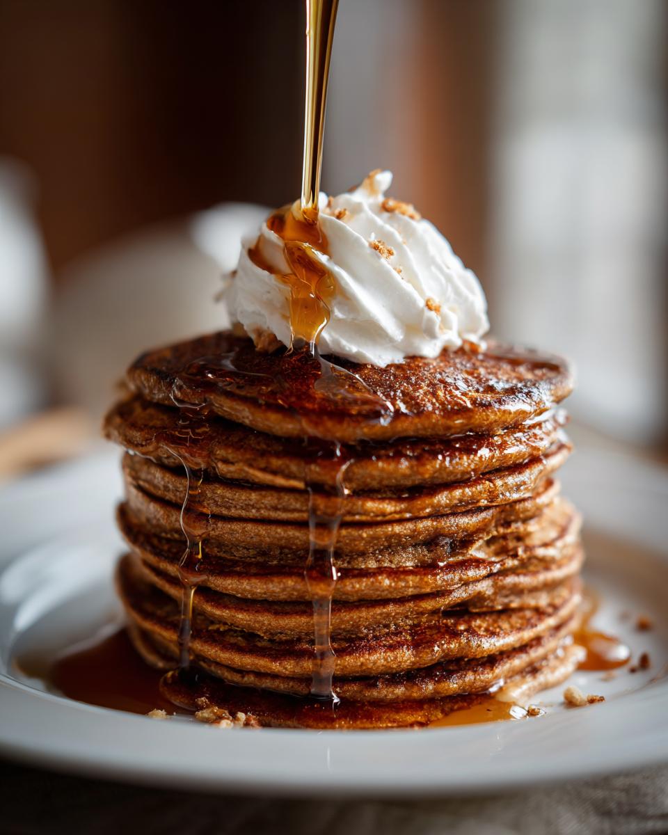 Stack of Gingerbread Pancakes with syrup and whipped cream.