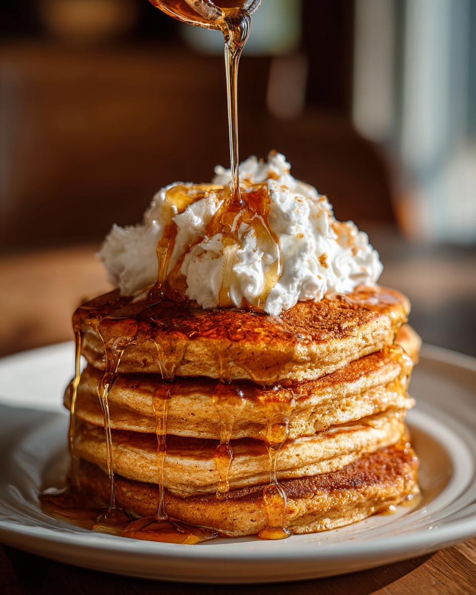 Stack of Gingerbread Pancakes with whipped cream and syrup being poured over them.