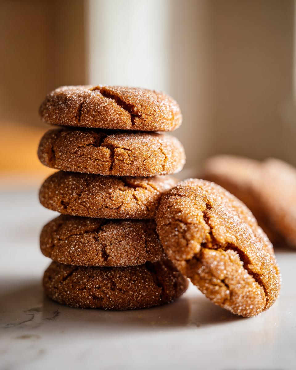 Close-up of a stack of freshly baked Gingerdoodle Cookies covered in sugar.
