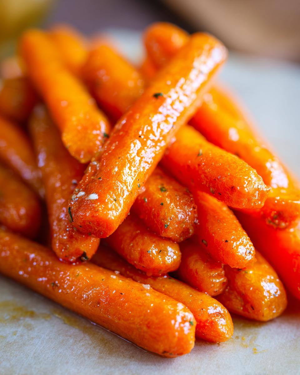 Close-up of a pile of glistening glazed carrots, showing texture and glaze.