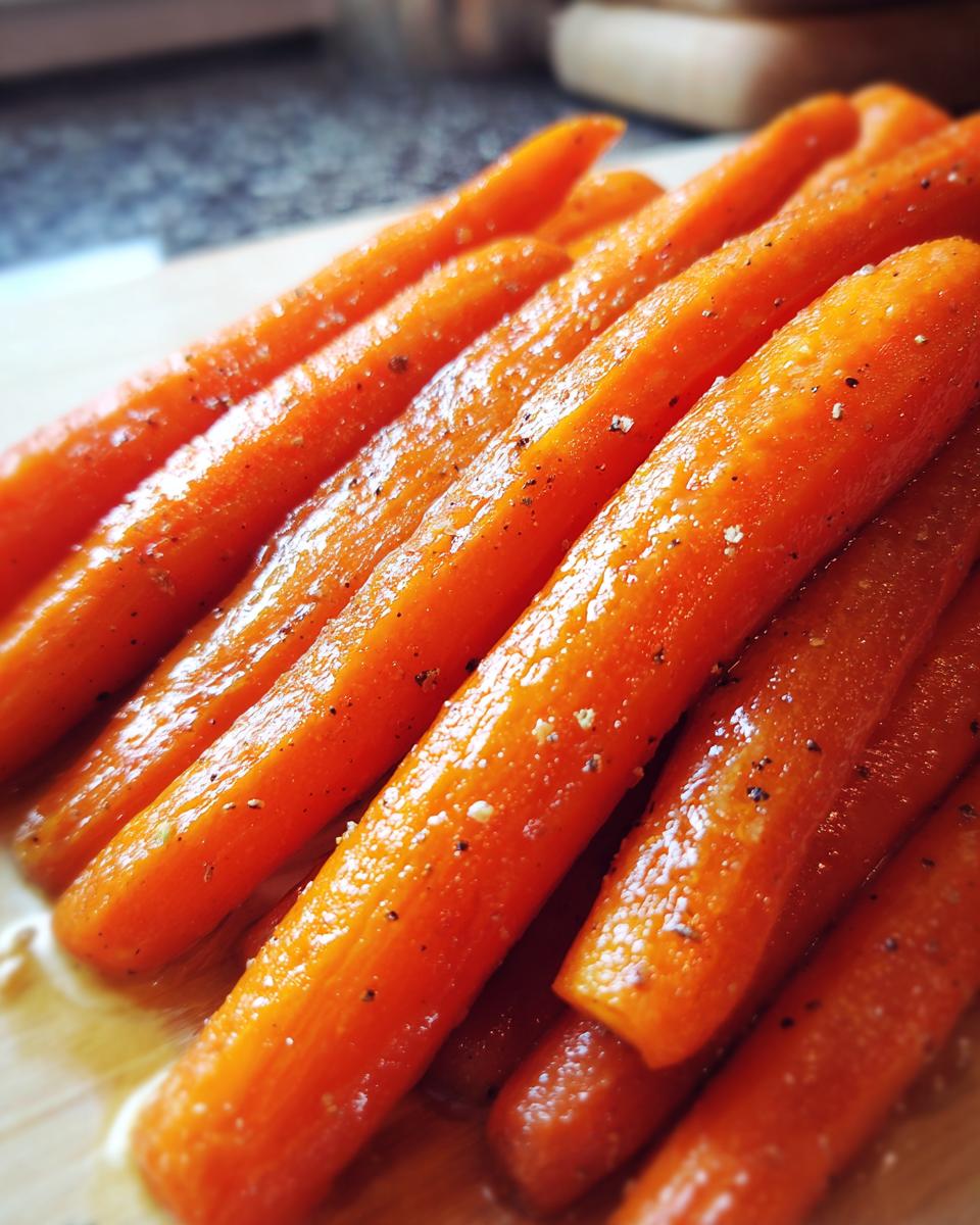 Close-up of glistening glazed carrots, seasoned with pepper and salt.