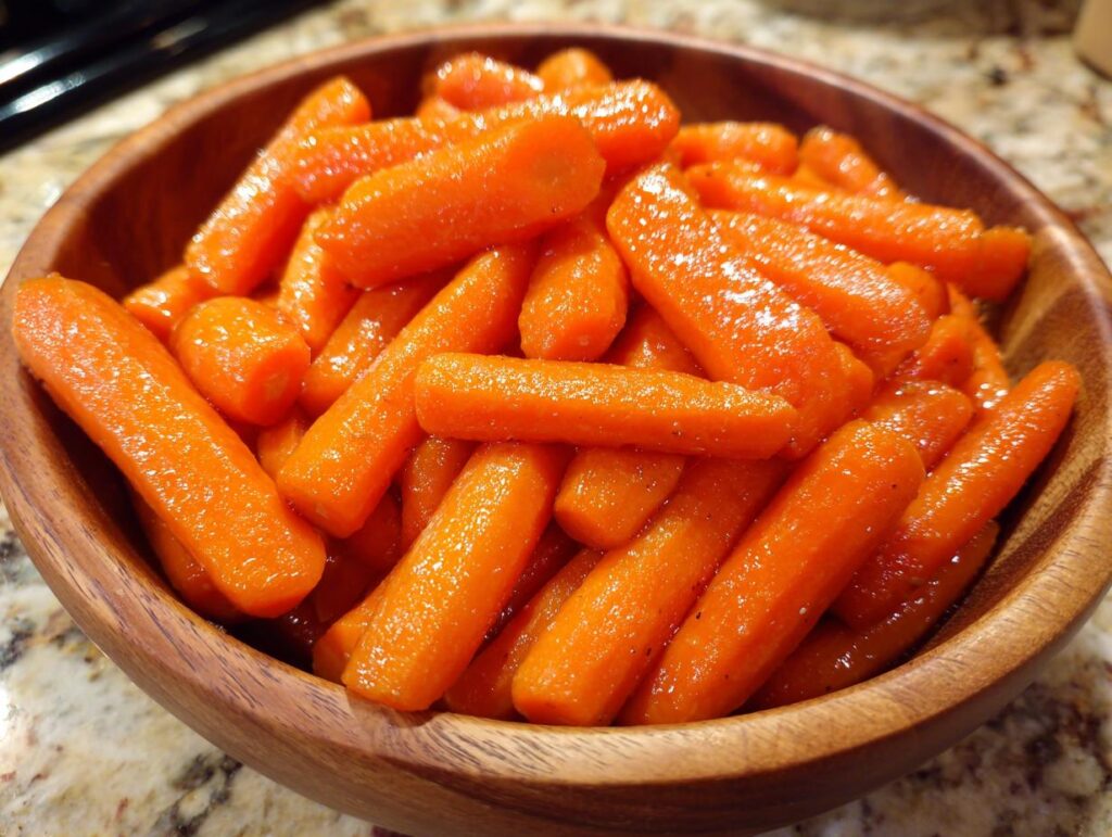 Close-up of a wooden bowl filled with delicious, glistening glazed carrots. The perfect side dish, featuring the primary keyword: Glazed Carrots.