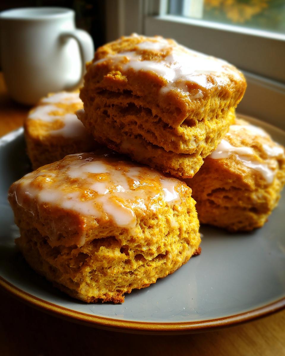 Close-up of glazed Pumpkin Biscuits stacked on a plate, ready to eat.
