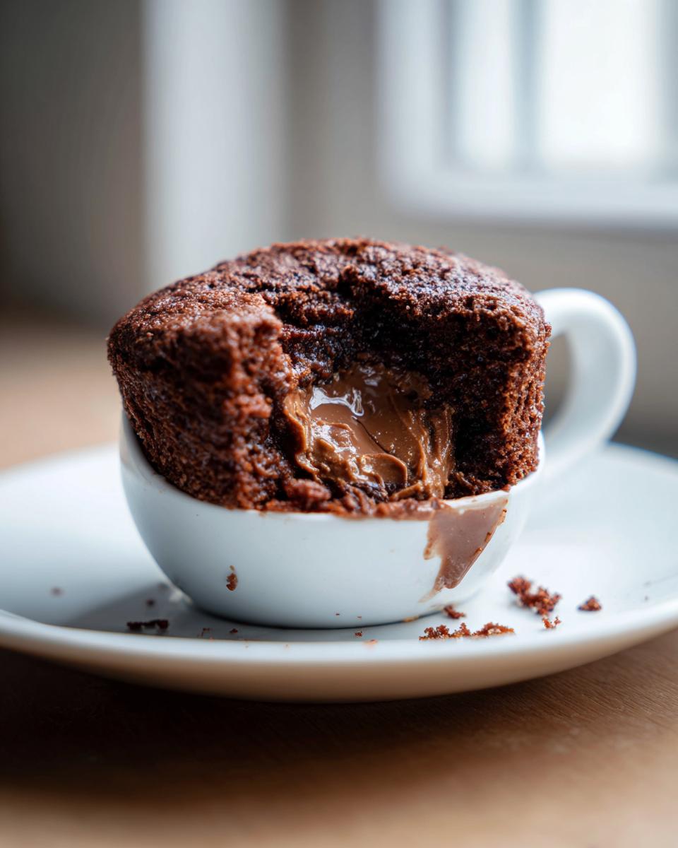 Close-up of a Greek Yogurt Chocolate Peanut Butter Mug Cake, showing the gooey peanut butter center.