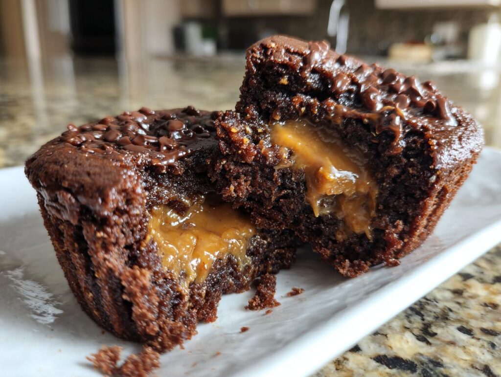 Close-up of a Greek Yogurt Chocolate Peanut Butter Mug Cake cut open, revealing peanut butter filling.