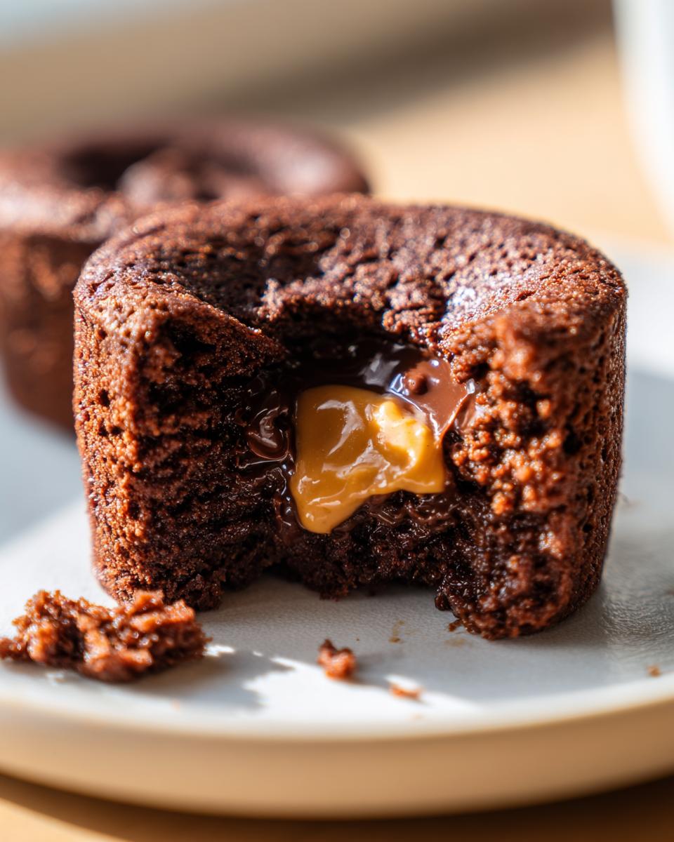 Close-up of a Greek Yogurt Chocolate Peanut Butter Mug Cake with a peanut butter filling.