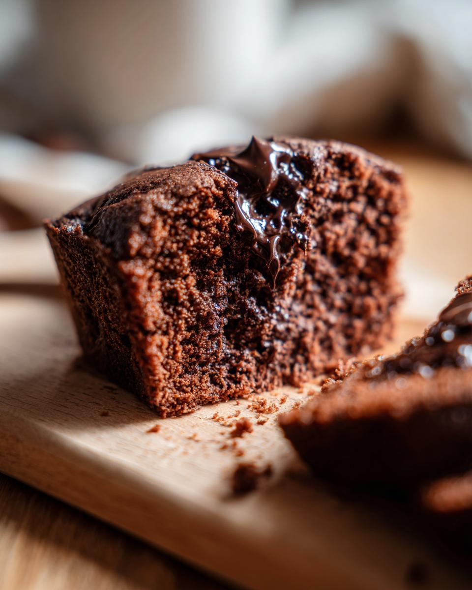 Close-up of a slice of Greek Yogurt Chocolate Peanut Butter Mug Cake on a wooden board, showing the moist texture.