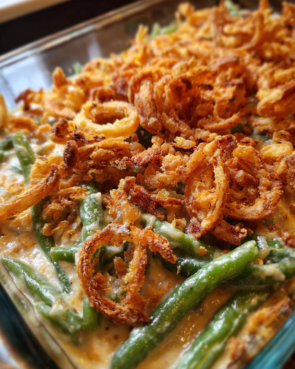 Close-up of a freshly baked Green Bean Casserole with Crispy Onions in a glass baking dish.