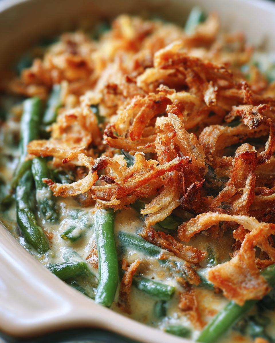 Close-up of a creamy Green Bean Casserole topped with golden crispy onions.