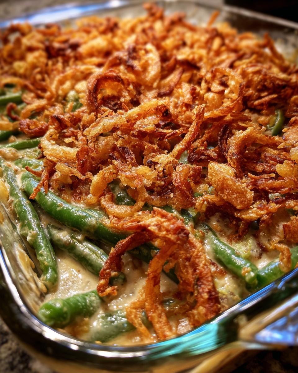 Close-up of a baking dish filled with creamy Green Bean Casserole topped with golden crispy fried onions.