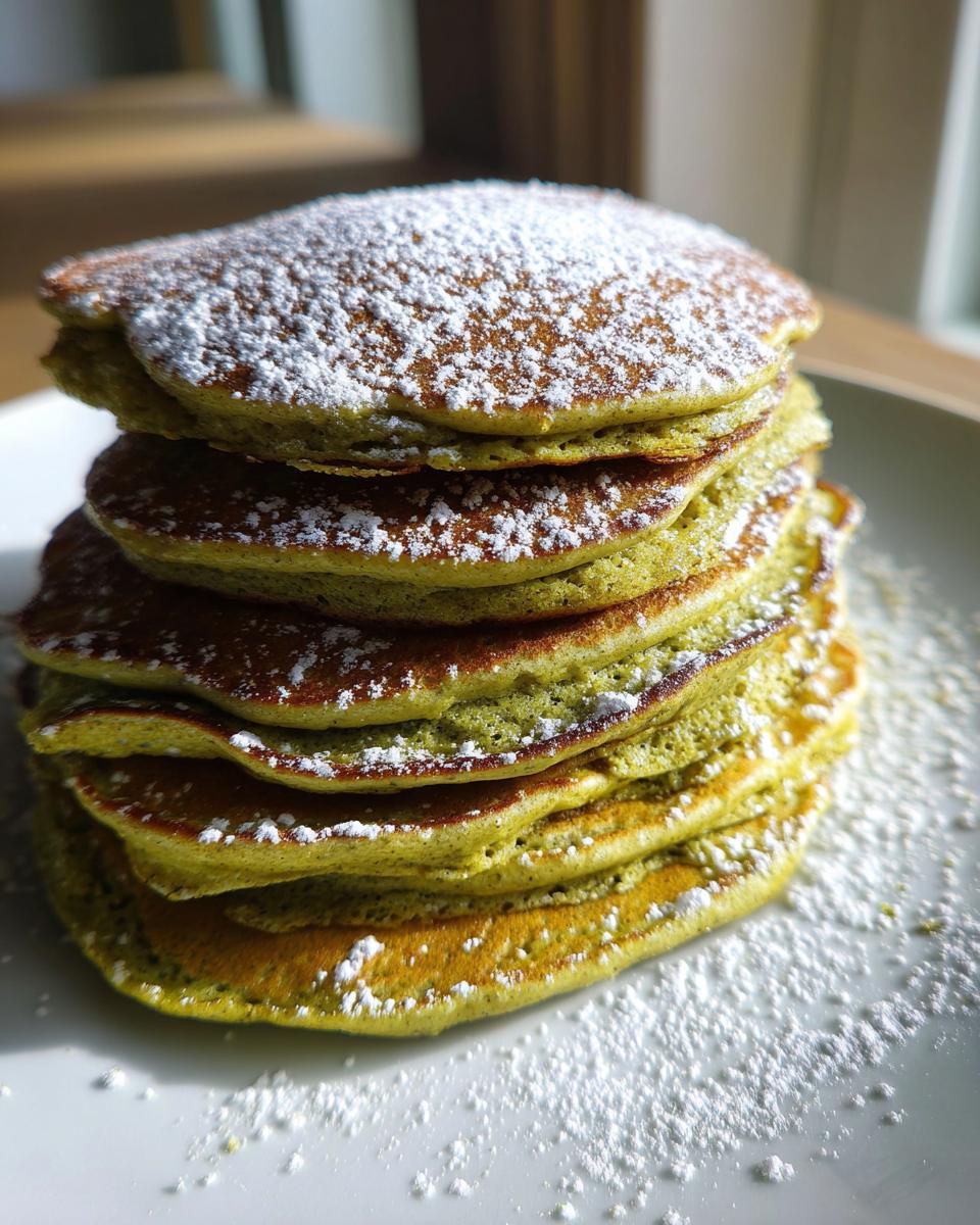 A stack of fluffy Green Smoothie Oatmeal Pancakes dusted with powdered sugar, on a white plate.