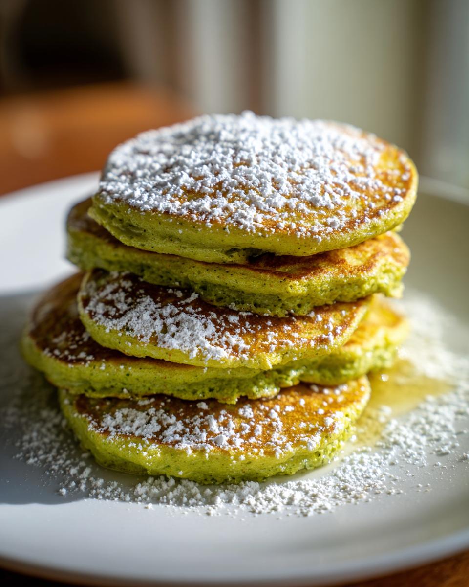 A stack of fluffy Green Smoothie Oatmeal Pancakes dusted with powdered sugar, on a white plate.