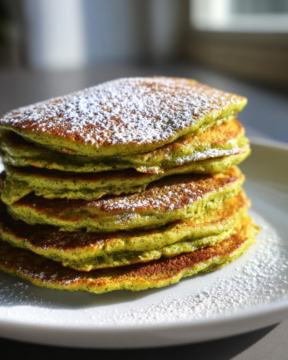 A stack of fluffy Green Smoothie Oatmeal Pancakes dusted with powdered sugar, on a white plate.