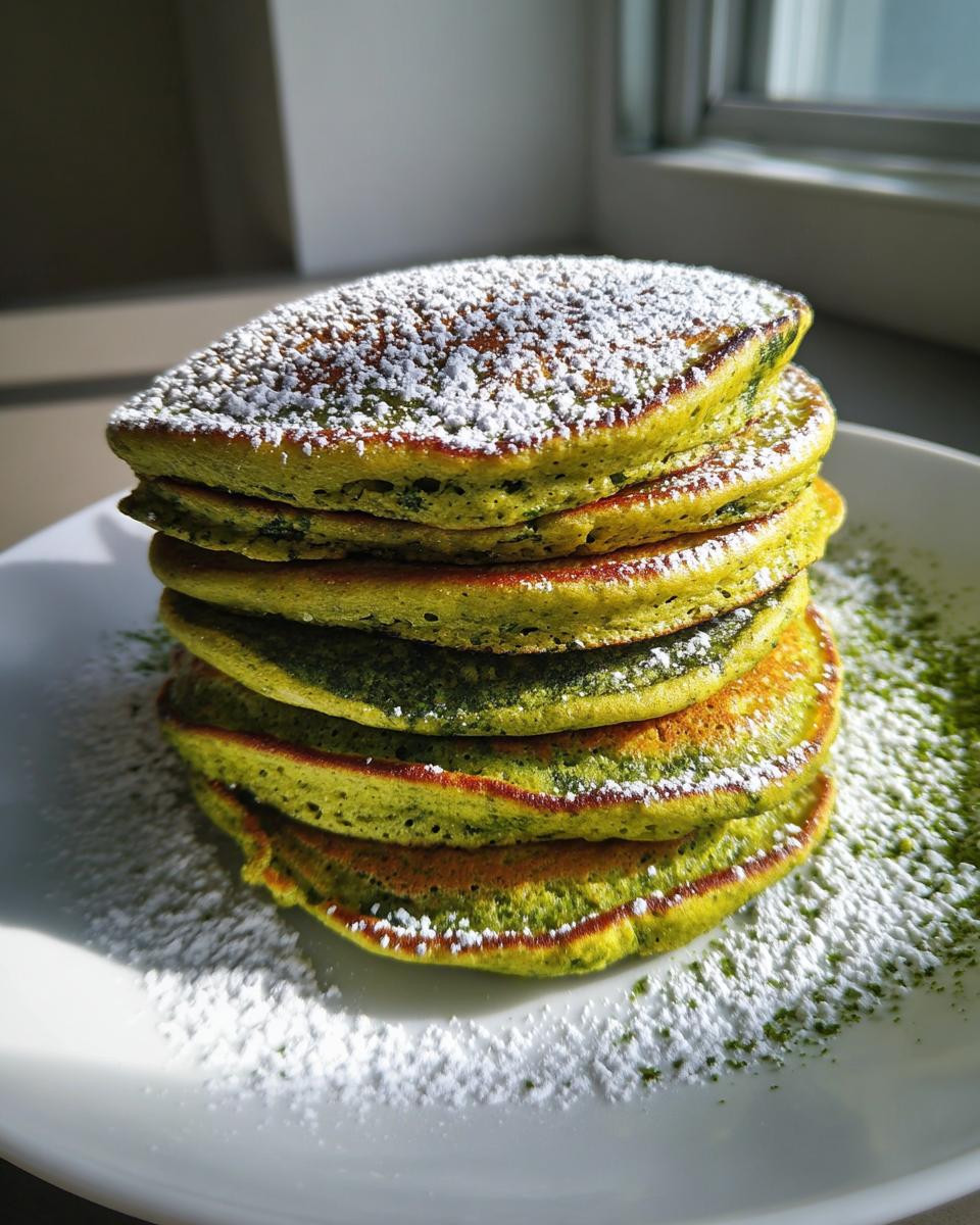 A stack of fluffy Green Smoothie Oatmeal Pancakes dusted with powdered sugar, on a white plate.