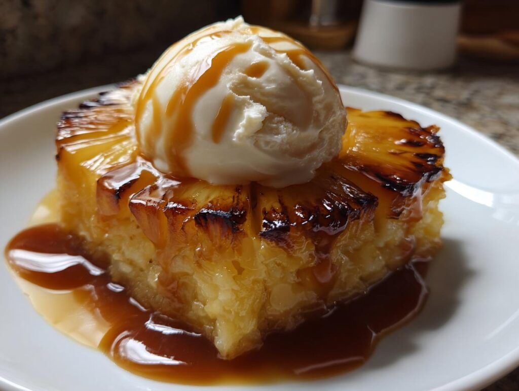 Close-up of a Grilled Pineapple Caramel Sundae with vanilla ice cream and caramel sauce.