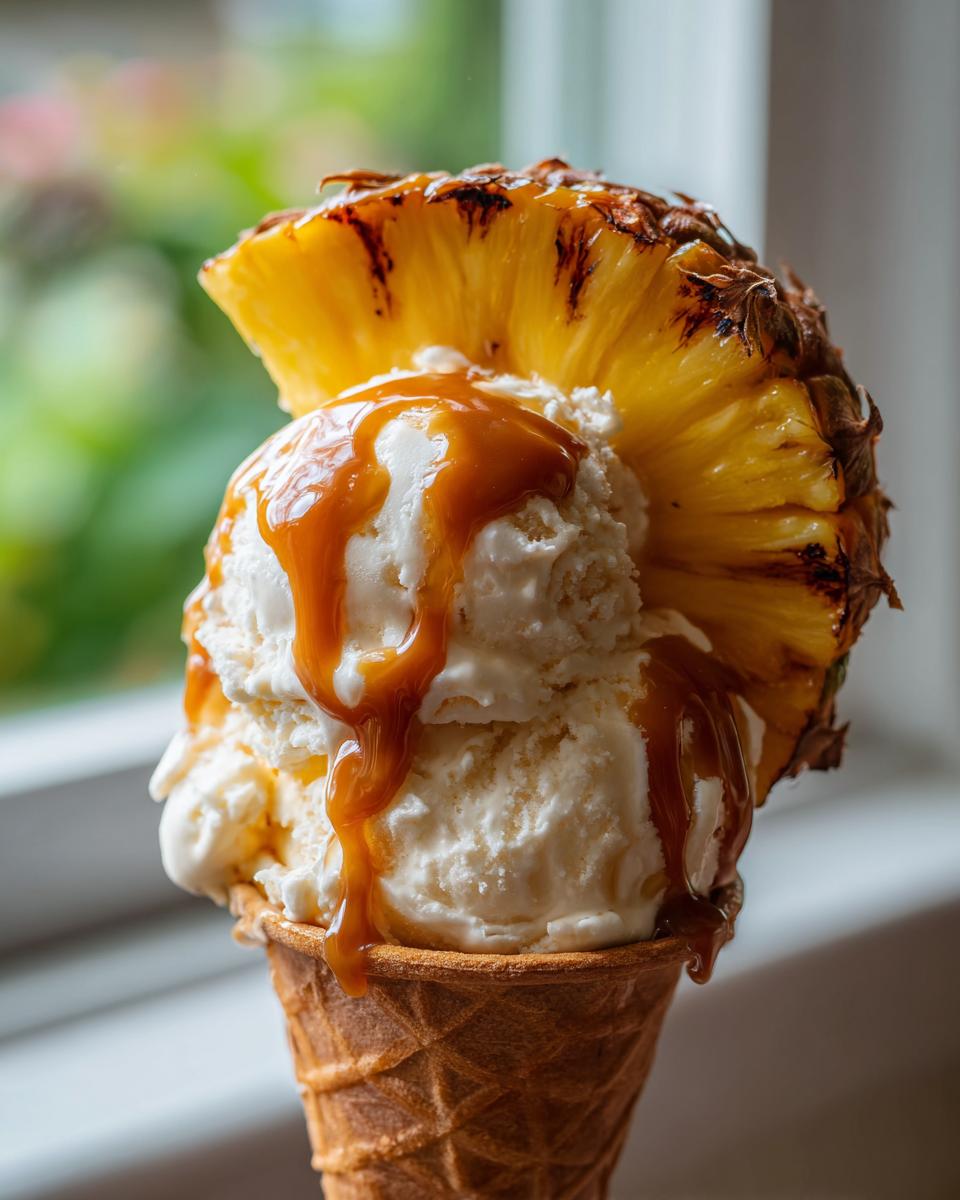 Delicious Grilled Pineapple Caramel Sundae in a waffle cone, with caramel sauce drizzled over ice cream.