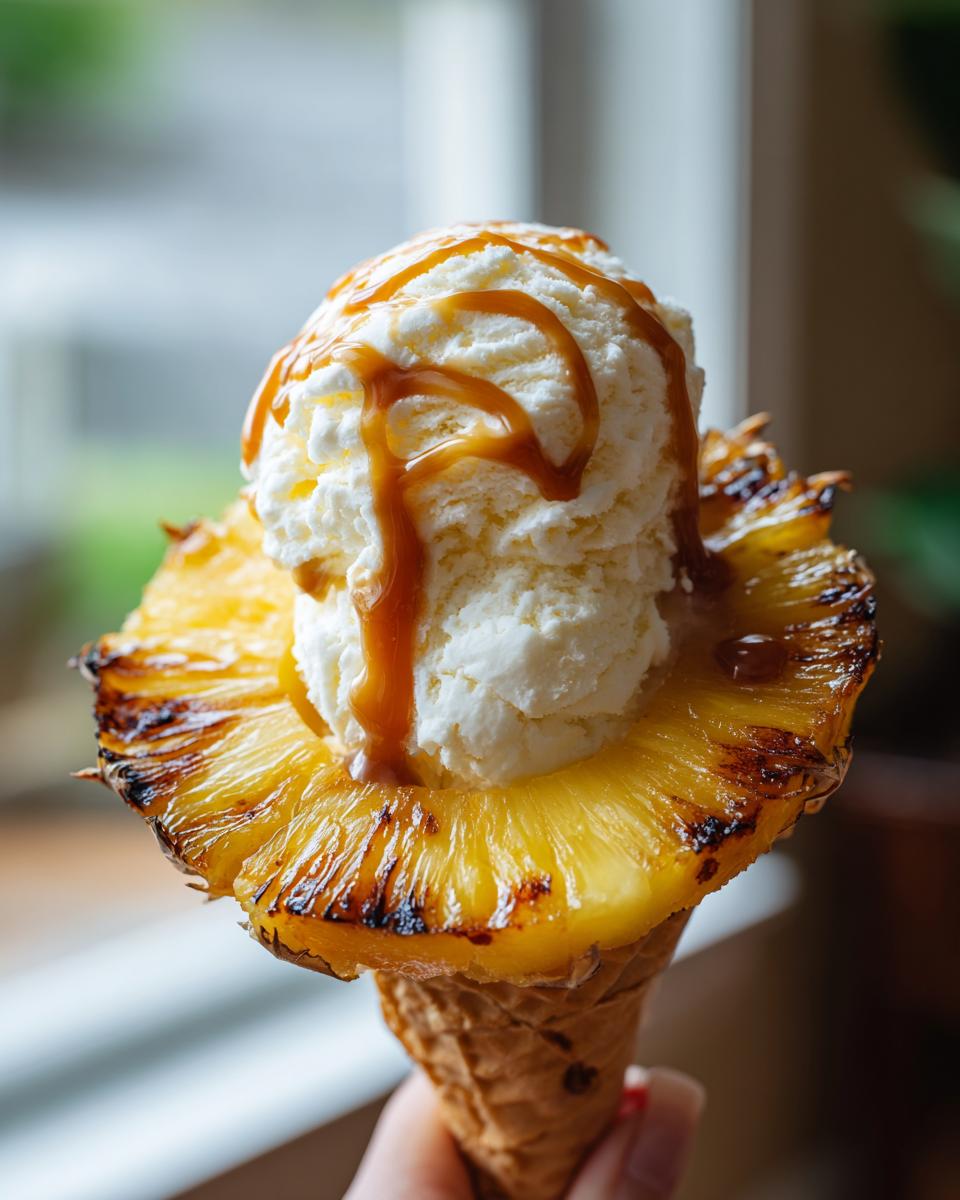 Delicious Grilled Pineapple Caramel Sundae with ice cream and caramel sauce in a cone.