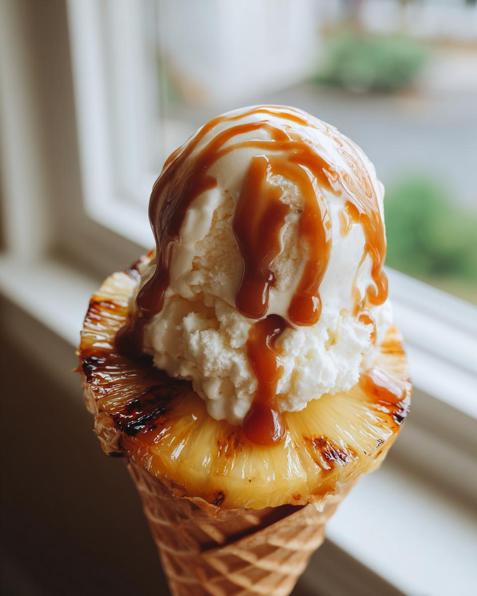 Delicious Grilled Pineapple Caramel Sundae with ice cream and caramel sauce in a waffle cone.