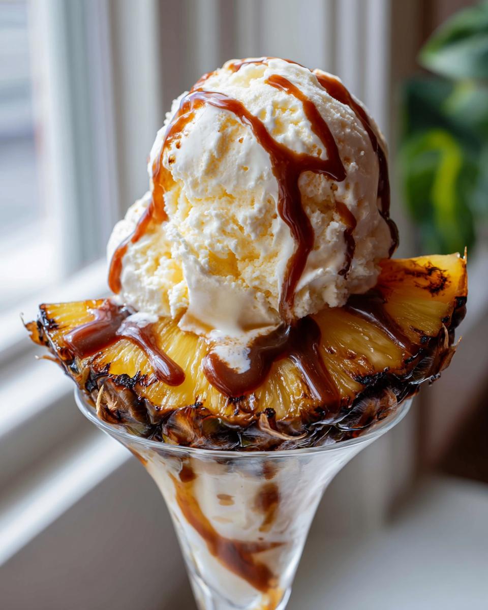 Delicious Grilled Pineapple Caramel Sundae with ice cream and caramel sauce in a glass.