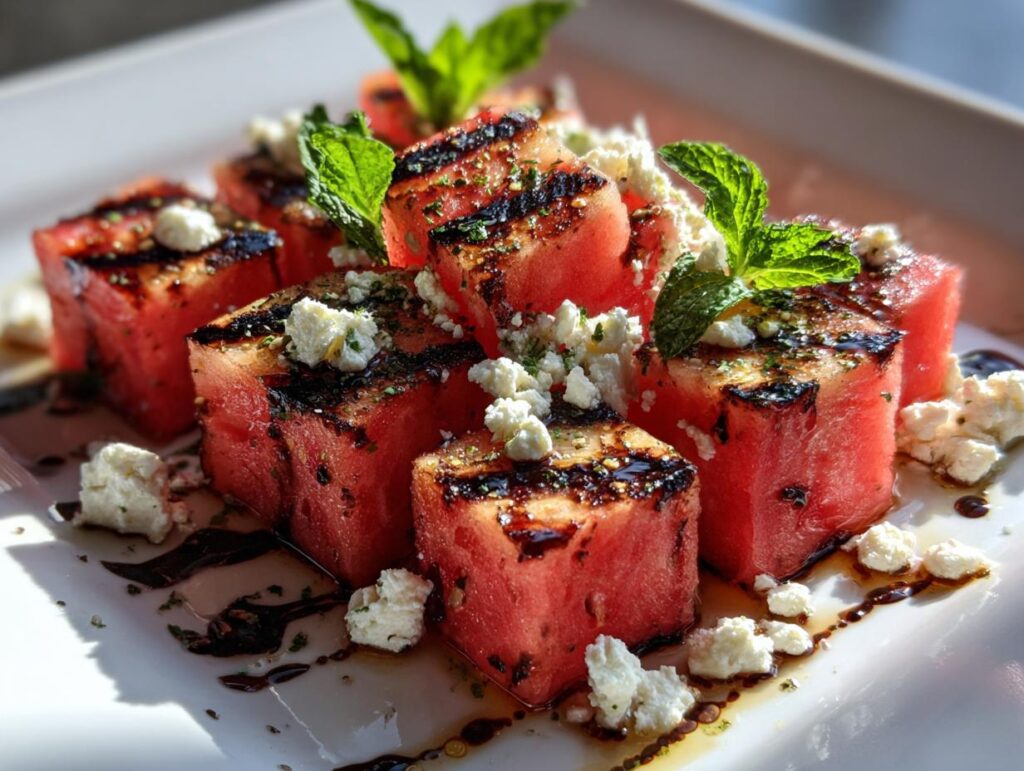 Close-up of a Grilled Watermelon Feta Salad, garnished with mint and balsamic glaze.